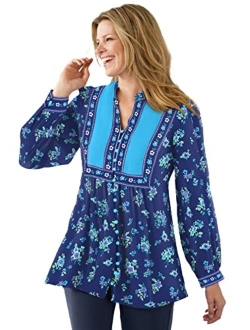 Women's Plus Size Button-Front Mixed Print Tunic