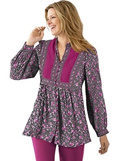 Women's Plus Size Button-Front Mixed Print Tunic