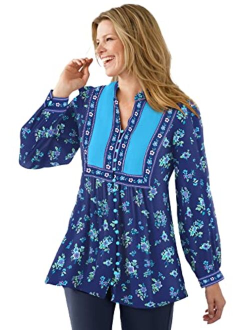 Woman Within Women's Plus Size Button-Front Mixed Print Tunic