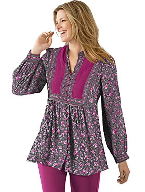 Woman Within Women's Plus Size Button-Front Mixed Print Tunic