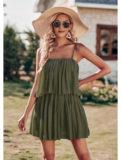 Women's Summer Short Rompers Spaghetti Strap Elastic Waist Square Neck Ruffle Casual Flowy Jumpsuits