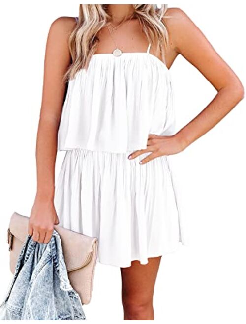 PRETTYGARDEN Women's Summer Short Rompers Spaghetti Strap Elastic Waist Square Neck Ruffle Casual Flowy Jumpsuits