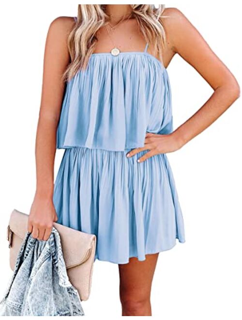 PRETTYGARDEN Women's Summer Short Rompers Spaghetti Strap Elastic Waist Square Neck Ruffle Casual Flowy Jumpsuits