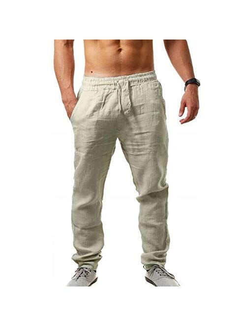 Percle Men's Casual Long Pants Linen Pants - Loose Lightweight Casual Trousers Summer Yoga Beach Trousers