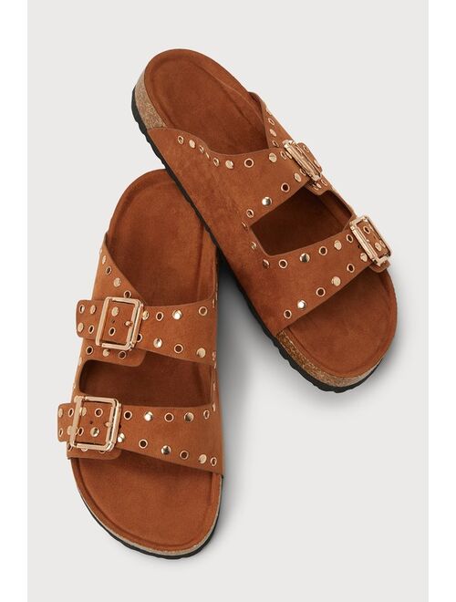 Lulus Charlese Brown Suede Studded Buckled Slide Sandals