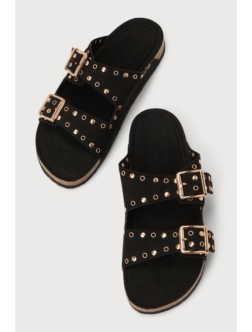 Lulus Charlese Brown Suede Studded Buckled Slide Sandals