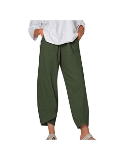 Generic Capri Pants for Women Cotton Linen Wide Leg Capris Womens Summer Cropped Pants Beach Elastic Waist Baggy Crop Trousers