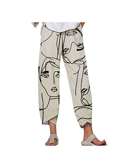 Generic Capri Pants for Women Cotton Linen Wide Leg Capris Womens Summer Cropped Pants Beach Elastic Waist Baggy Crop Trousers