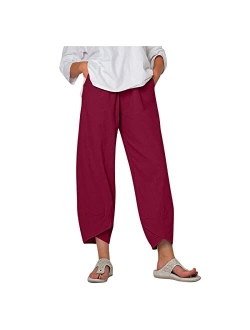 Generic Capri Pants for Women Cotton Linen Wide Leg Capris Womens Summer Cropped Pants Beach Elastic Waist Baggy Crop Trousers