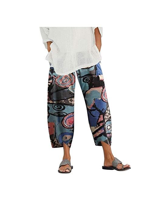 Generic Capri Pants for Women Cotton Linen Wide Leg Capris Womens Summer Cropped Pants Beach Elastic Waist Baggy Crop Trousers