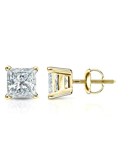 1/3 Carat Princess Cut Diamond Stud Earrings in 14k White or Yellow Gold (I2-I3, cttw) 4-Prong Basket Screw Back by Diamond Wish