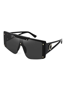 Oversized Square Flat Top Shield Sunglasses One Piece Frameless Stylish Women Men Shades B4060