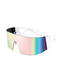 Oversized Flat Top Futuristic Wrap Sunglasses One Piece Goggles for Women Men Fashion Shades B4054