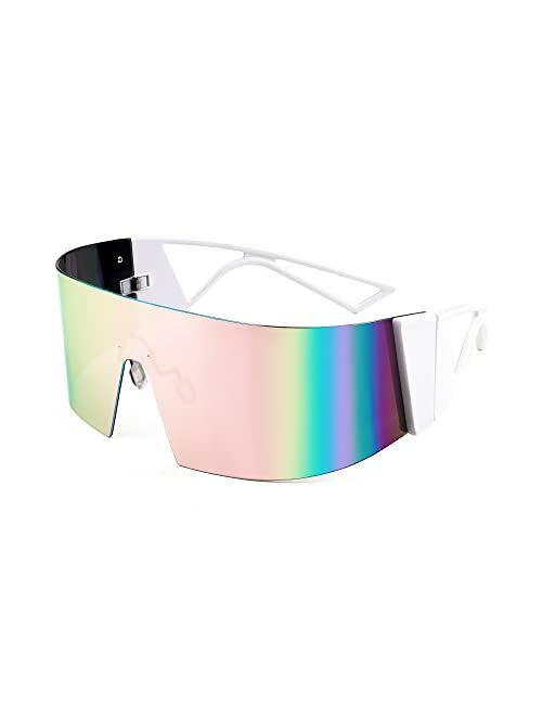 FEISEDY Oversized Flat Top Futuristic Wrap Sunglasses One Piece Goggles for Women Men Fashion Shades B4054