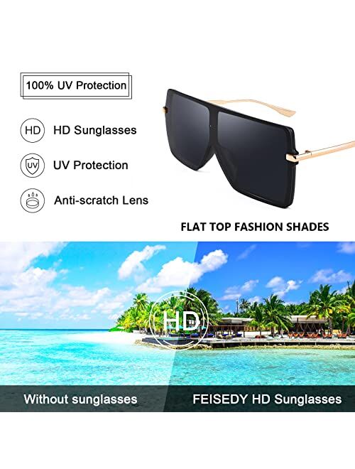 FEISEDY Flat Top Oversized Shield Sunglasses Women Men Square Fashion Rimless Shades UV400 B2784