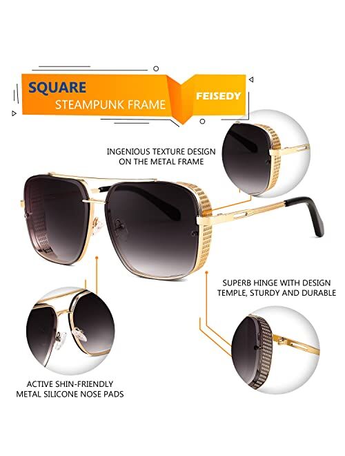 FEISEDY Vintage Steampunk Square Sunglasses Mens Metal Side Shield Rock roll Sun Glasses B2894