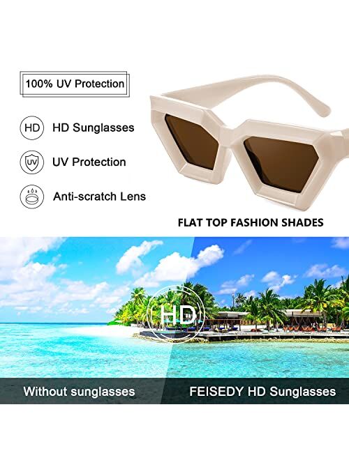 FEISEDY Cateye Sunglasses Thick Frame Women Men Square Vintage Futuristic Polygon Sunnies B4079