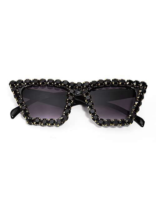 FEISEDY Women Crystal Square Cat Eye Sunglasses Sparkling Trendy Retro Cateye Sunglasses B2898