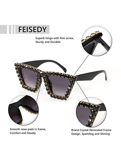 FEISEDY Women Crystal Square Cat Eye Sunglasses Sparkling Trendy Retro Cateye Sunglasses B2898