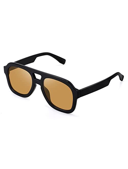 FEISEDY Vintage Pilot Sunglasses Double Bridge Women Men Large Square Thick Frame Trendy Eyewear UV400 B2846