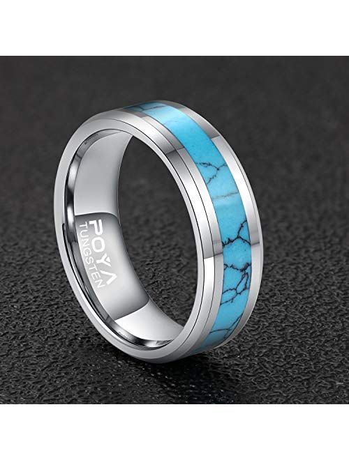 Poya Tungsten POYA 8mm Tungsten Wedding Band Turquoise Rings for Men Beveled Edges Comfort Fit