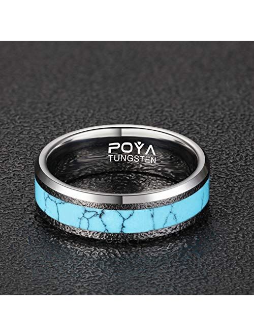 Poya Tungsten POYA 8mm Tungsten Wedding Band Turquoise Rings for Men Beveled Edges Comfort Fit