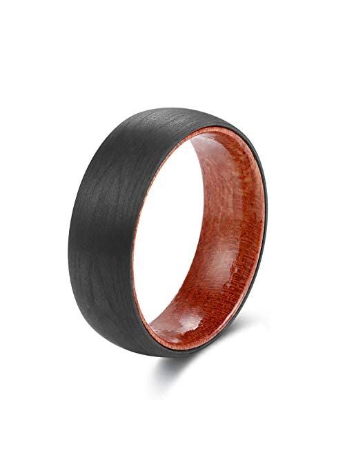 POYA Metal Poya Tungsten POYA Wedding Band for Men Women Black Carbon Fiber Ring with Rosewood Interior