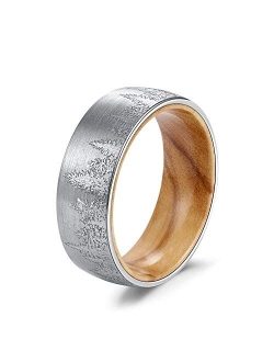 POYA TUNGSTEN Forest Rings for Men 8 mm Black Plated Wedding Band with Wood Liner Comfort Fit