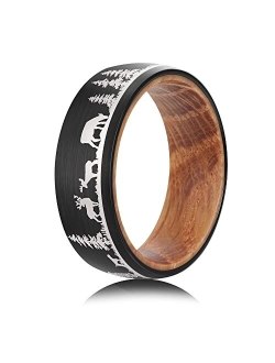 POYA TUNGSTEN Forest Rings for Men 8 mm Black Plated Wedding Band with Wood Liner Comfort Fit