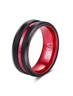 POYA Tungsten Ring Mens 8mm Black Plated Wedding Band Beveled Edges with Colored Aluminum Liner Interior