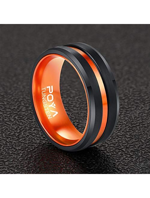 POYA Tungsten Ring Mens 8mm Black Plated Wedding Band Beveled Edges with Colored Aluminum Liner Interior