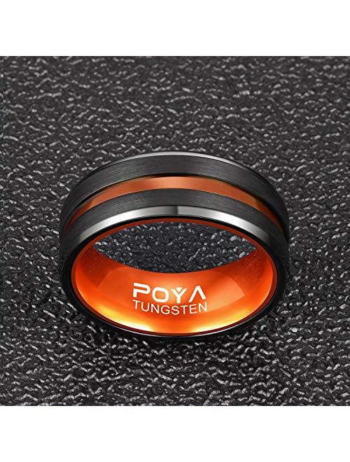 POYA Tungsten Ring Mens 8mm Black Plated Wedding Band Beveled Edges with Colored Aluminum Liner Interior