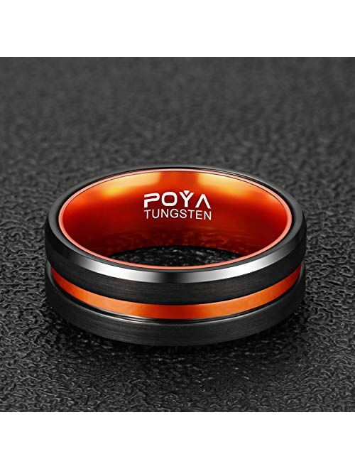 POYA Tungsten Ring Mens 8mm Black Plated Wedding Band Beveled Edges with Colored Aluminum Liner Interior