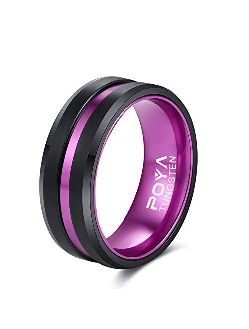 POYA Tungsten Ring Mens 8mm Black Plated Wedding Band Beveled Edges with Colored Aluminum Liner Interior