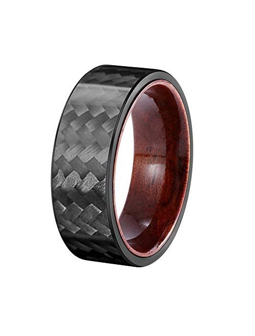 JEWPER 8mm Pure Black Carbon Fiber Ring Domed Wedding Band Rosewood Interior Comfort Fit