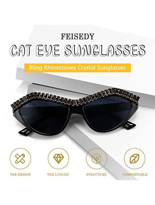 FEISEDY Fashion Cat Eye Diamond Sunglasses Women Retro Vintage Cateye Plastic Frame B2302