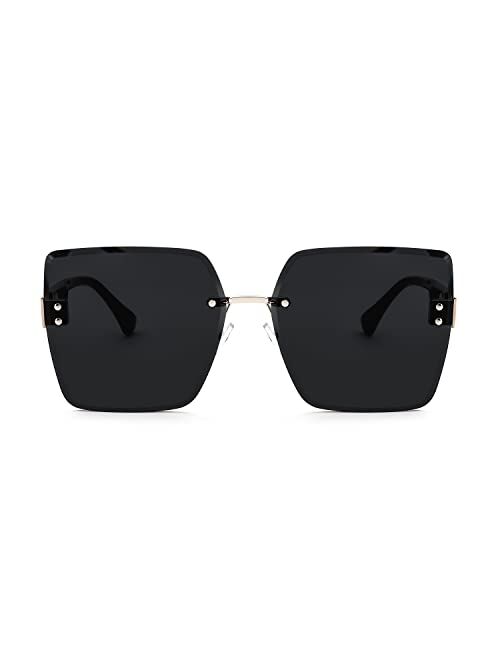 FEISEDY Trendy Square Rimless Sunglasses for Women Oversized Designer Style UV Protection Fashion Rectangle Glasses B9064