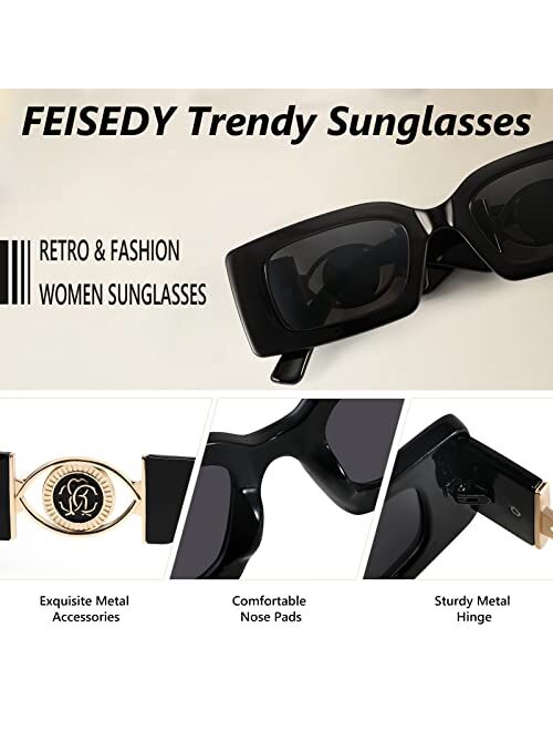 FEISEDY Trendy Small Rectangle Sunglasses 90s Retro Chunky Frame Square Metal Sun Glasses for Women Men B2890