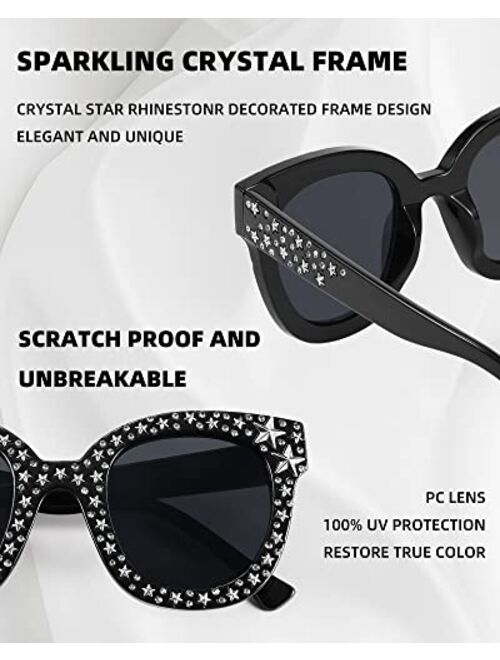 FEISEDY Women Vintage Cateye Crystal Rhinestone Star Sunglasses Novelty Glitter Shades B4068