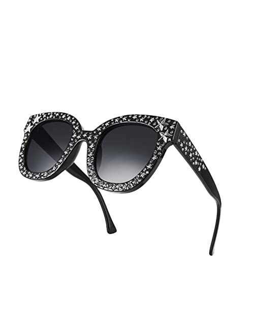 FEISEDY Women Vintage Cateye Crystal Rhinestone Star Sunglasses Novelty Glitter Shades B4068