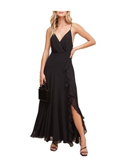 Women's Sleeveless Surplice V-Neck Holland Ruffled Full Length Bridesmaid Dress