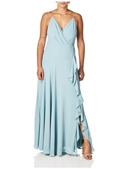 Women's Sleeveless Surplice V-Neck Holland Ruffled Full Length Bridesmaid Dress