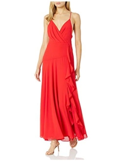 Women's Sleeveless Surplice V-Neck Holland Ruffled Full Length Bridesmaid Dress