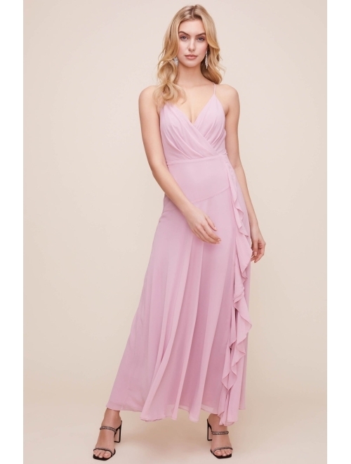 ASTR the label Women's Sleeveless Surplice V-Neck Holland Ruffled Full Length Bridesmaid Dress