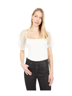 womens Short Sheer Puff Sleeve Darling Square Neck Bodysuit