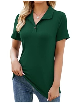 Ivicoer Womens V Neck Short Sleeve Polo Shirts Button Down Collared Tops Work Tunic Blouses Business Casual