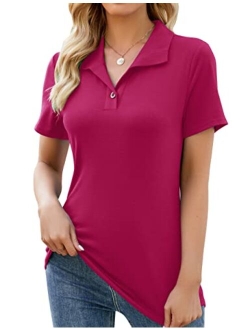 Ivicoer Womens V Neck Short Sleeve Polo Shirts Button Down Collared Tops Work Tunic Blouses Business Casual