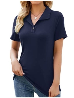 Ivicoer Womens V Neck Short Sleeve Polo Shirts Button Down Collared Tops Work Tunic Blouses Business Casual