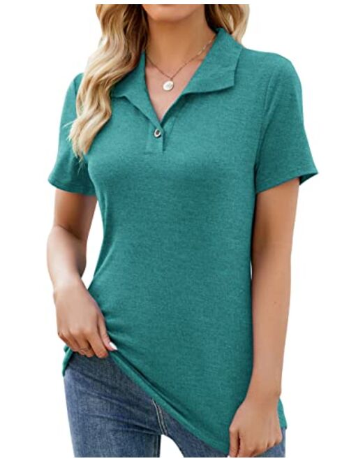 Ivicoer Womens V Neck Short Sleeve Polo Shirts Button Down Collared Tops Work Tunic Blouses Business Casual