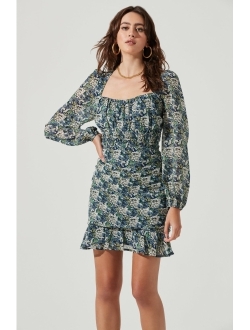 Women's Smocked Floral Print Ruffled Long Sleeve Mini Dress